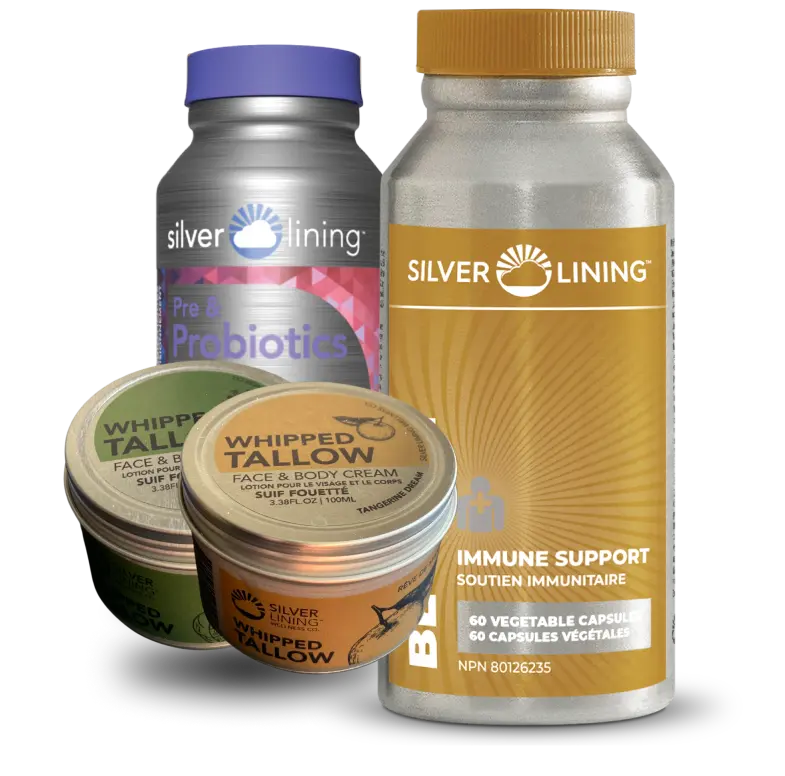 A picture of Silver Lining's natural health products including the pre and probiotic, the immune boosting supplement, and our whipped beef tallow for skin care.